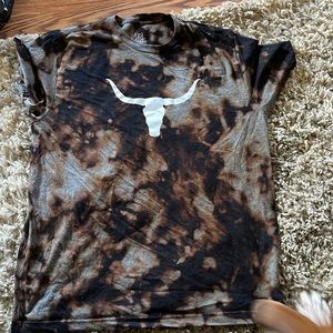 Western style long horn short sleeve black tie dye T shirt